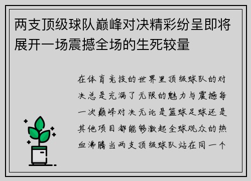 两支顶级球队巅峰对决精彩纷呈即将展开一场震撼全场的生死较量